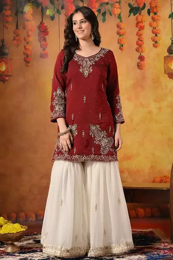 Maroon tissue embroidered gharara set