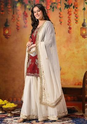 Maroon tissue embroidered gharara set 4