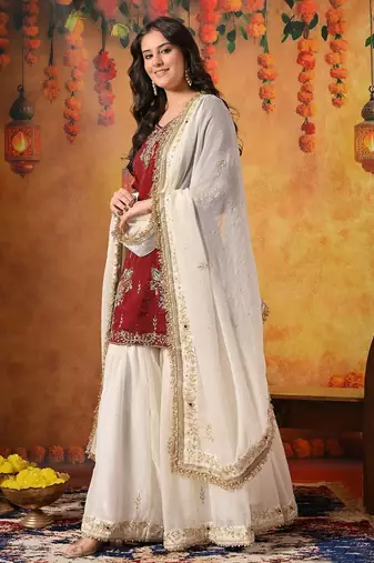 Maroon tissue embroidered gharara set