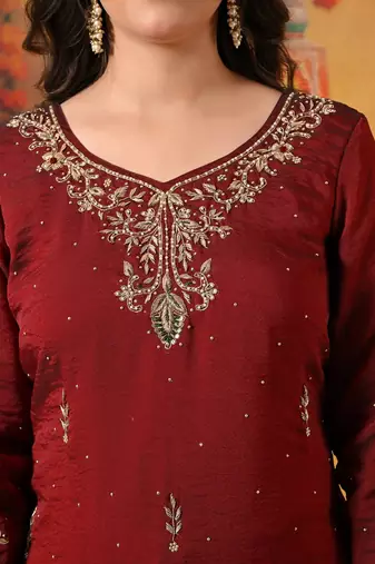 Maroon tissue embroidered gharara set