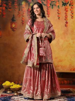Pink tissue embroidered gharara set 1