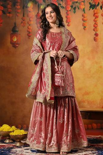 Pink tissue embroidered gharara set