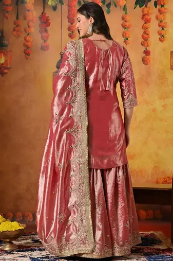 Pink tissue embroidered gharara set