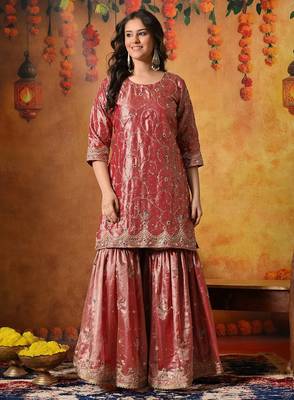 Pink tissue embroidered gharara set 3