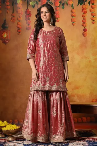 Pink tissue embroidered gharara set