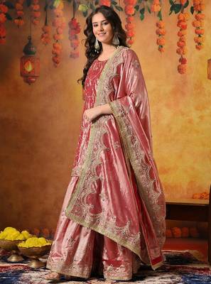 Pink tissue embroidered gharara set 4