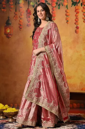 Pink tissue embroidered gharara set