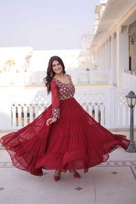 Maroon faux georgette zari pipe embroidered work designer gown 1