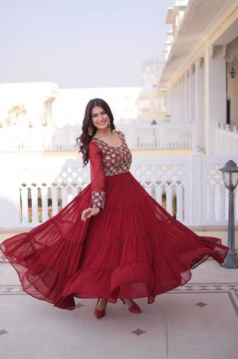 Maroon faux georgette zari pipe embroidered work designer gown