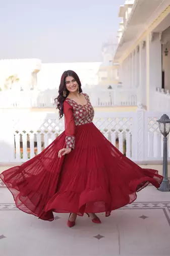 Maroon faux georgette zari pipe embroidered work designer gown