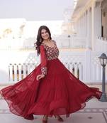 Maroon faux georgette zari pipe embroidered work designer gown