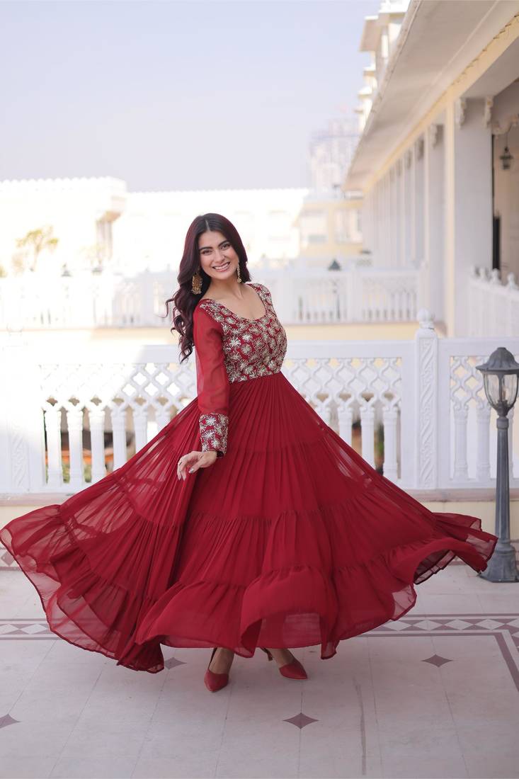 Maroon faux georgette zari pipe embroidered work designer gown
