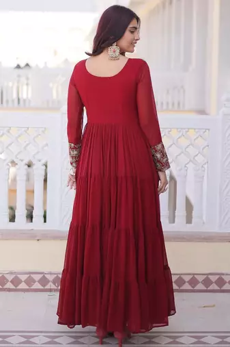 Maroon faux georgette zari pipe embroidered work designer gown