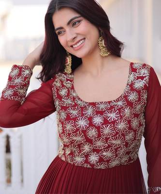 Maroon faux georgette zari pipe embroidered work designer gown 3