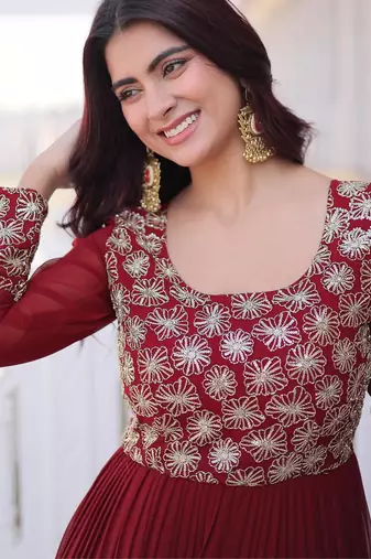 Maroon faux georgette zari pipe embroidered work designer gown