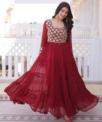 Maroon faux georgette zari pipe embroidered work designer gown 4
