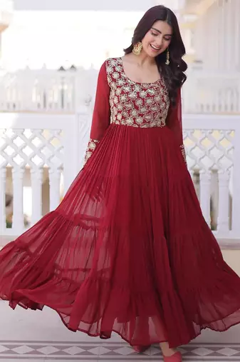 Maroon faux georgette zari pipe embroidered work designer gown