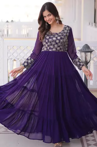Purple faux georgette zari pipe embroidered work designer gown
