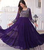 Purple faux georgette zari pipe embroidered work designer gown