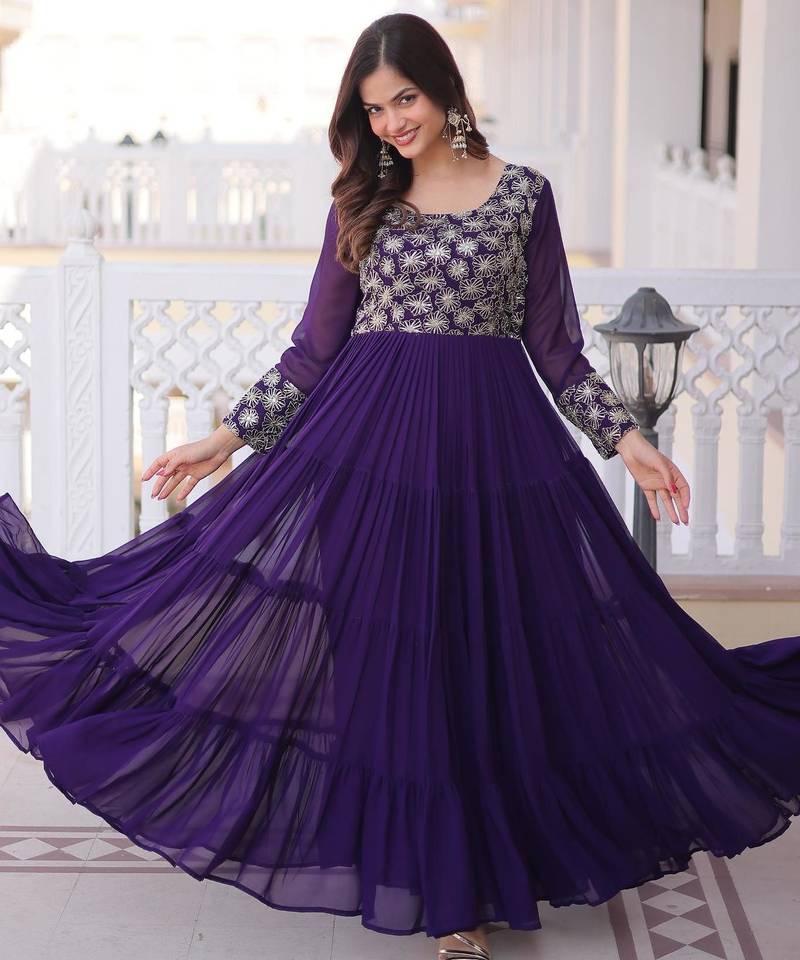 Purple faux georgette zari pipe embroidered work designer gown