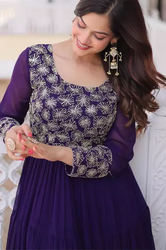 Purple faux georgette zari pipe embroidered work designer gown