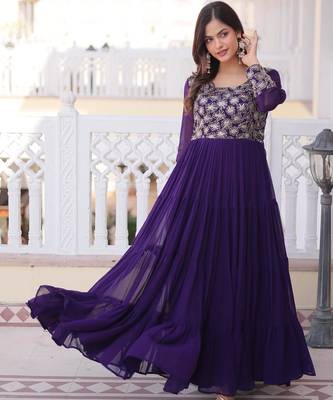 Purple faux georgette zari pipe embroidered work designer gown 4
