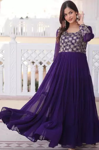Purple faux georgette zari pipe embroidered work designer gown