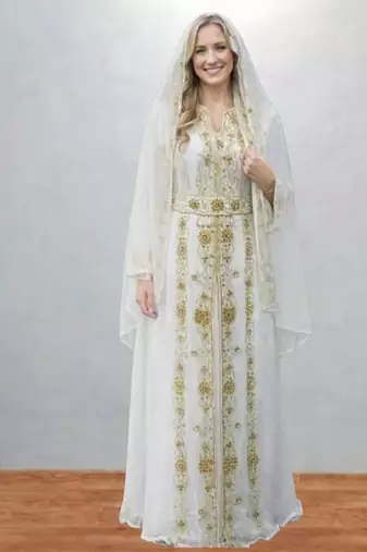 Luxurious White Kaftan With Gold Work Stitched Dress