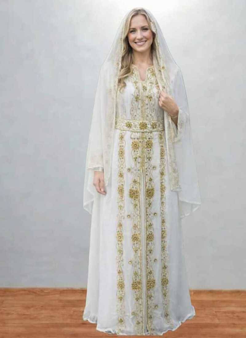 Luxurious White Kaftan With Gold Work Stitched Dress