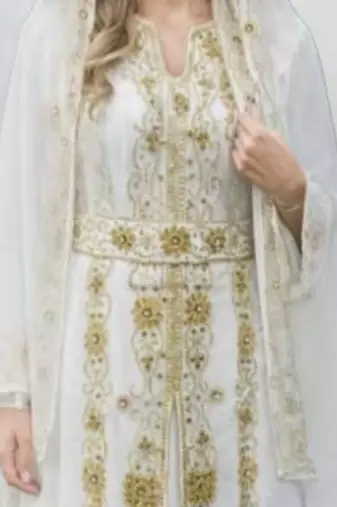 Luxurious White Kaftan With Gold Work Stitched Dress