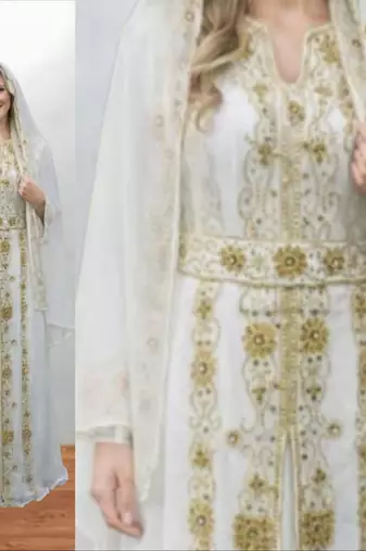Luxurious White Kaftan With Gold Work Stitched Dress
