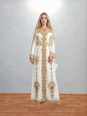 Luxurious White Kaftan With Gold Work Stitched Dress 1