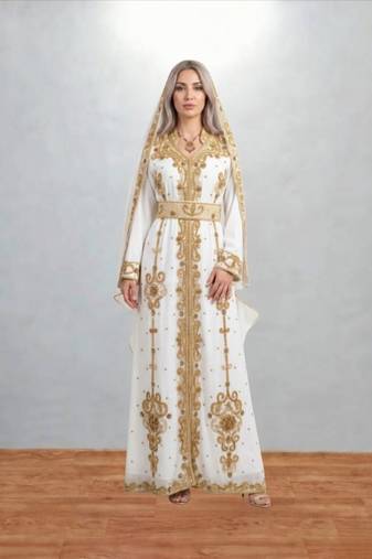 Luxurious White Kaftan With Gold Work Stitched Dress