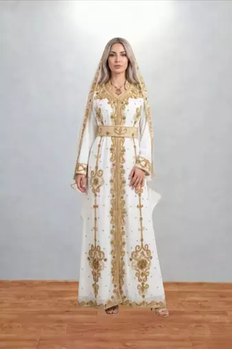 Luxurious White Kaftan With Gold Work Stitched Dress