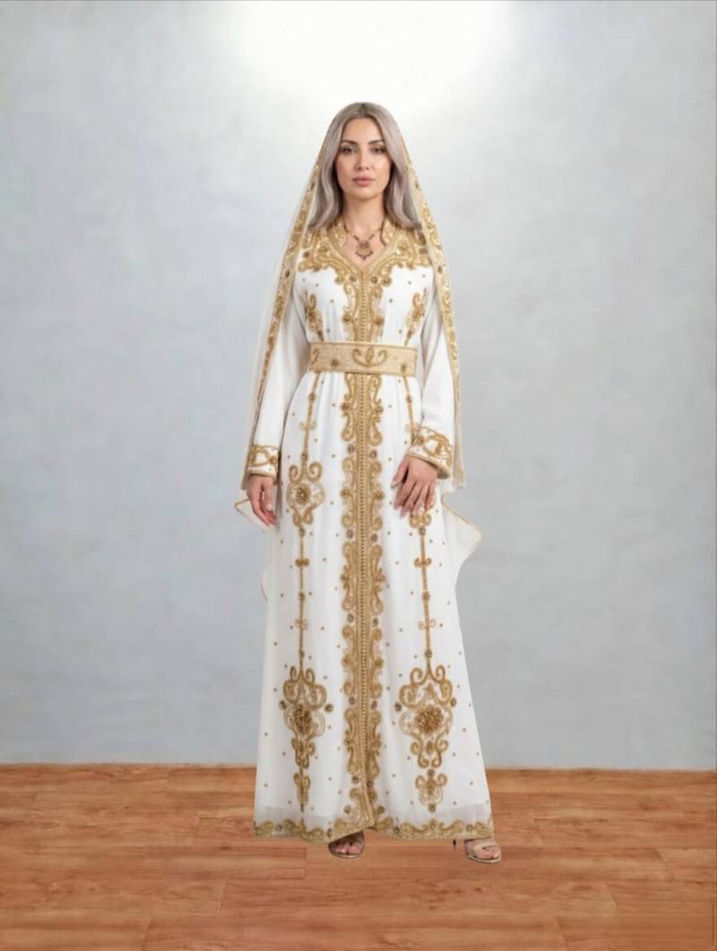 Luxurious White Kaftan With Gold Work Stitched Dress