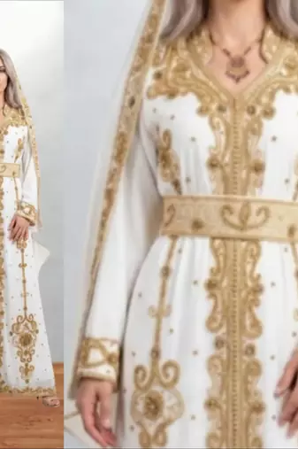Luxurious White Kaftan With Gold Work Stitched Dress