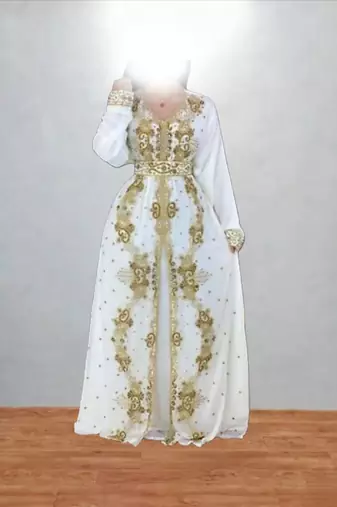 Luxurious White Kaftan With Gold Work Stitched Dress