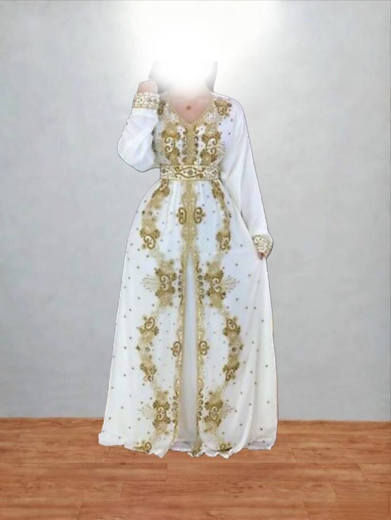 Luxurious White Kaftan With Gold Work Stitched Dress