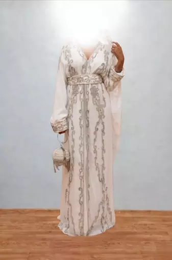 Luxurious White Kaftan With Silver Work Stitched Dress
