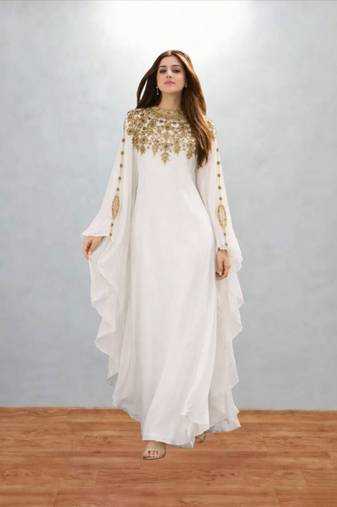Luxurious White Kaftan With Gold Work Stitched Dress