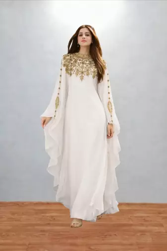 Luxurious White Kaftan With Gold Work Stitched Dress