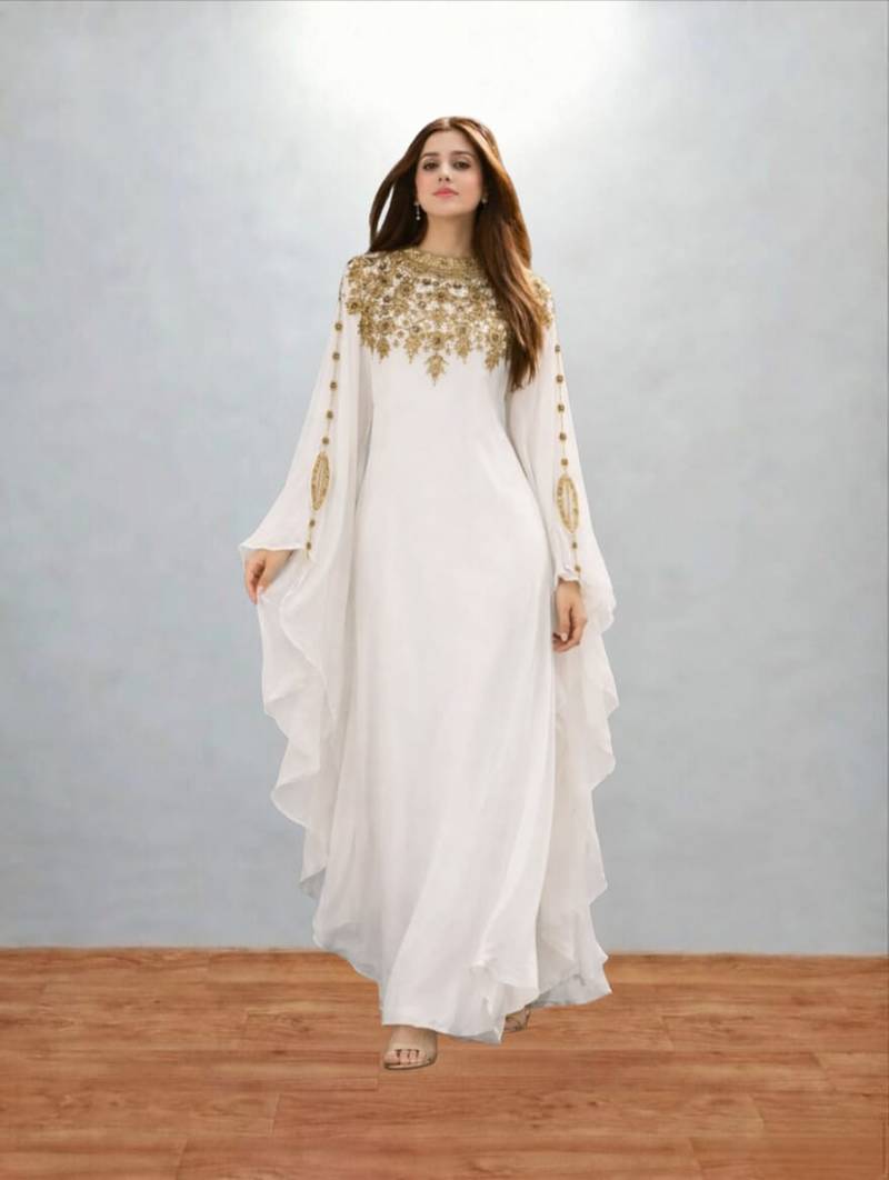 Luxurious White Kaftan With Gold Work Stitched Dress