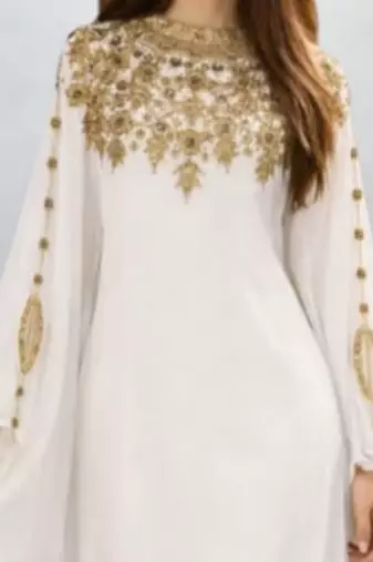 Luxurious White Kaftan With Gold Work Stitched Dress