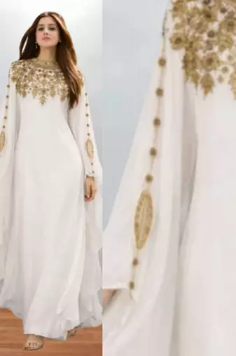 Luxurious White Kaftan With Gold Work Stitched Dress