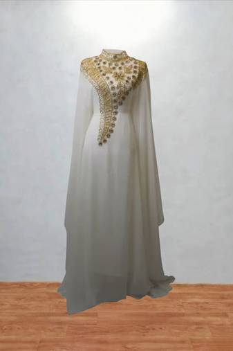 Luxurious White Kaftan With Gold Work Stitched Dress