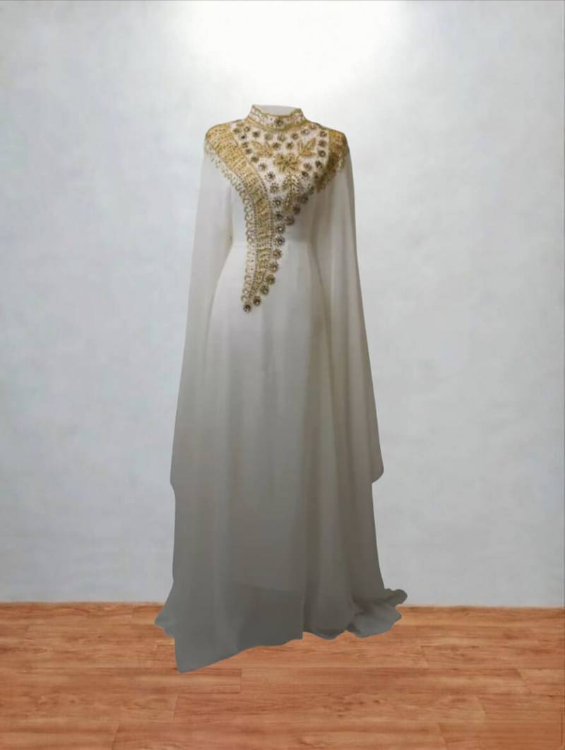 Luxurious White Kaftan With Gold Work Stitched Dress