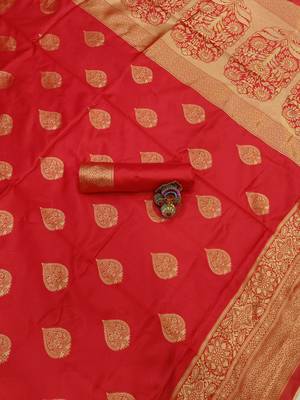 red silk blend banarasi saree with unstitched blouse piece 6
