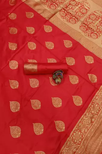 red silk blend banarasi saree with unstitched blouse piece