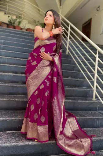 wine soft art silk banarasi jacuard work designer party wear saree with unstitched blouse piece