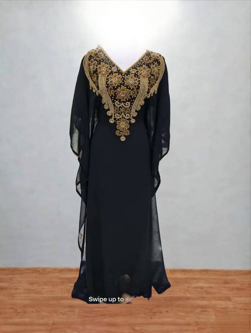 Luxurious Blackw Kaftan With Gold Work Stitched Dress